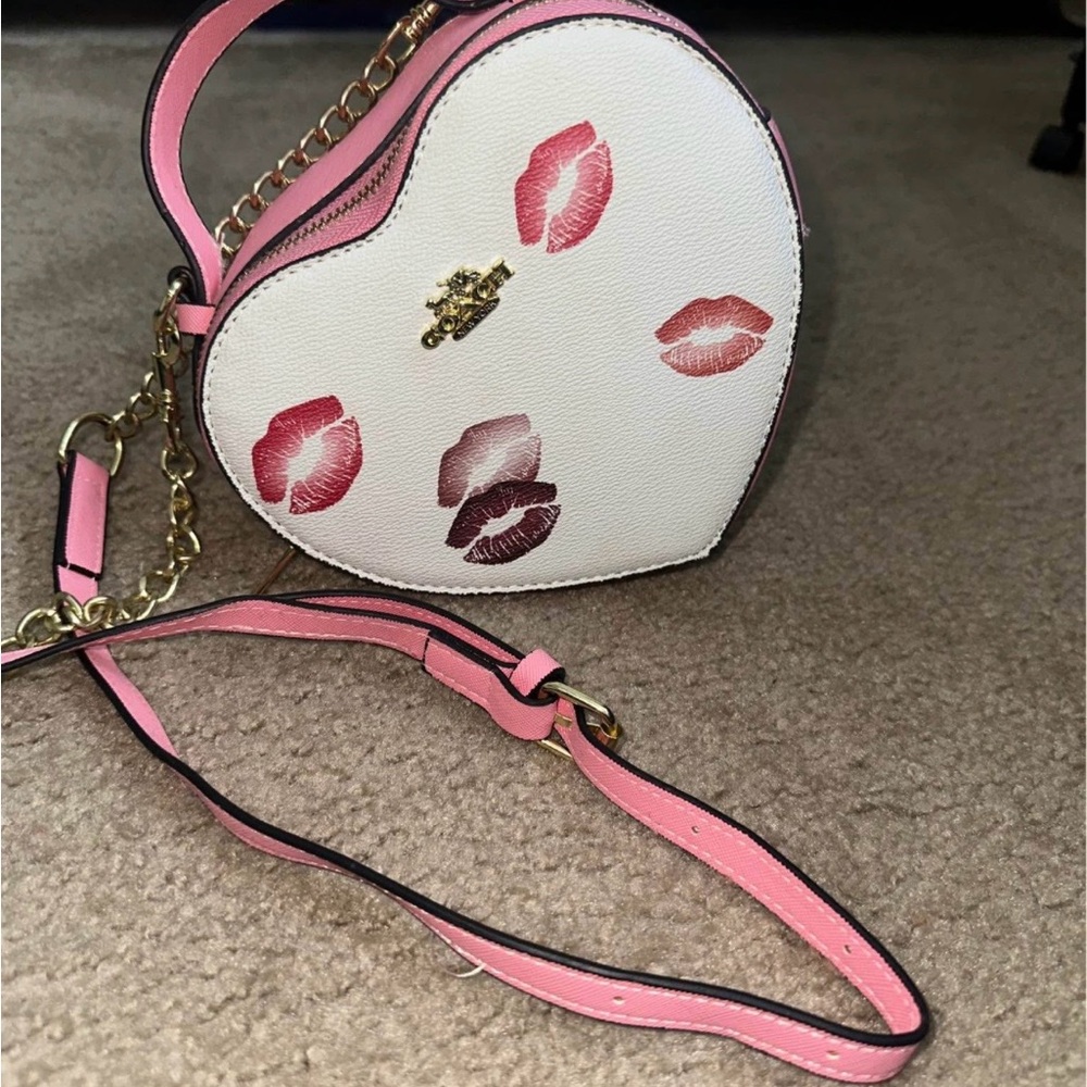 Coach Heart-Shaped Crossbody Bag in White and Pink with Lip Print
